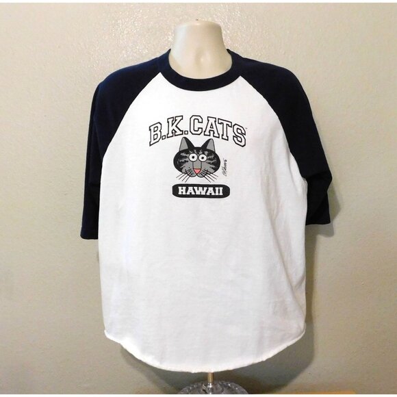 B.Kliban Cats Hawaii Raglan Tee Shirt XL White Navy 100% Cotton Fun Print - Picture 1 of 8